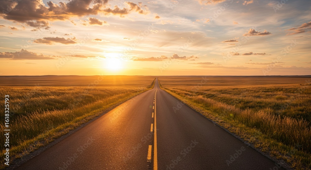 Fototapeta premium Open road towards a golden sunset horizon