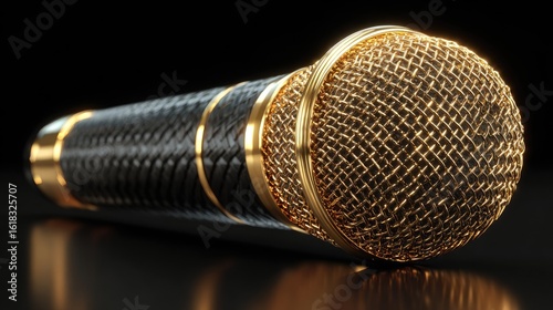 Luxurious golden microphone on black background.