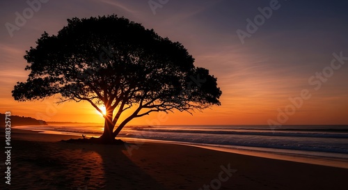Silhouette of a tree on the beach at sunset creating a tranquil scene with vibrant colors