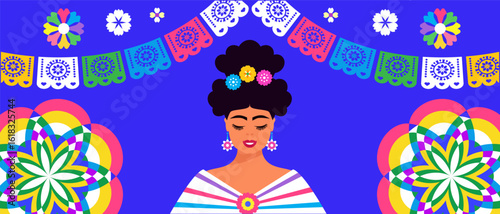 Pretty women, mexican girl in cartoon flat style Funky character for design mexican template design social media post, web banner, cover, card Vector icon illustration