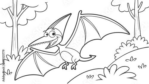 Vector Cartoon funny Pteranodon, funny image in the forest, Coloring book page for children. Line Art isolated on white background