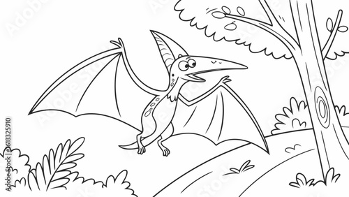 Vector Cartoon funny Pteranodon, funny image in the forest, Coloring book page for children. Line Art isolated on white background