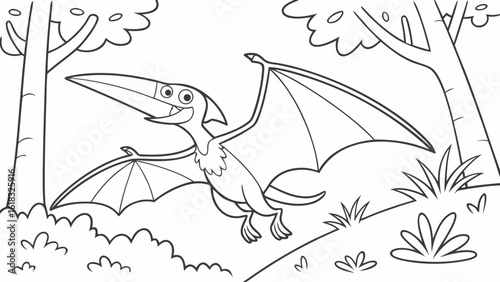 Vector Cartoon funny Pteranodon, funny image in the forest, Coloring book page for children. Line Art isolated on white background
