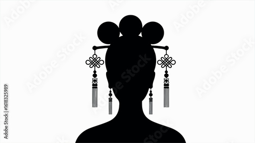 Elegant black silhouette of a traditional chinese woman s head and shoulders on a clean white background