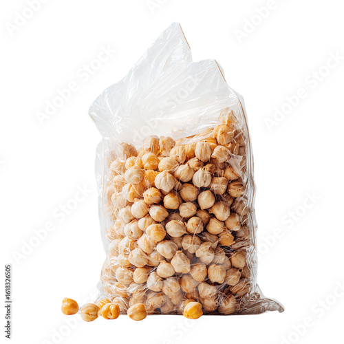 A clear plastic bag filled with dried chickpeas on transparent background