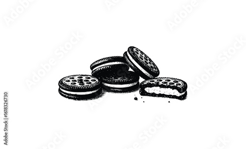 Chocolate sandwich cookies with cream filling in black and white illustration. Vector retro hand drawn illustration