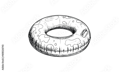 Detailed hand-drawn inflatable swim ring illustration in black and white. Vector retro hand drawn illustration