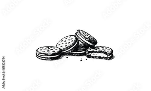 Hand-drawn oreo cookies illustration on white background. Vector retro hand drawn illustration
