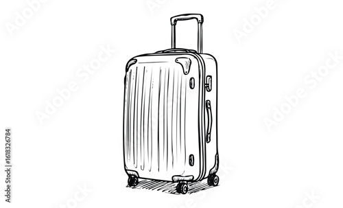 Sketch of a wheeled suitcase with retractable handle. Vector retro hand drawn illustration