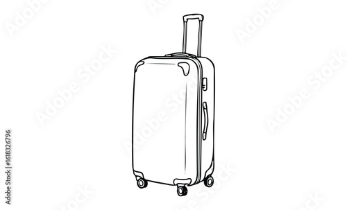 Outline illustration of a rolling suitcase with handle and wheels. Vector retro hand drawn illustration