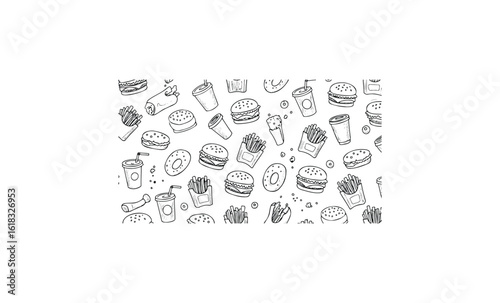 Seamless pattern of sketchy fast food icons: burgers, fries, drinks, donuts. Vector retro hand drawn illustration