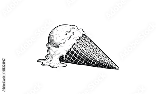 Vintage melting ice cream cone artwork in black and white. Vector retro hand drawn illustration