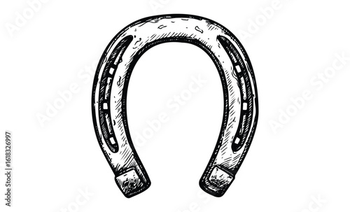 Vintage horseshoe drawing: detailed black and white illustration. Vector retro hand drawn illustration