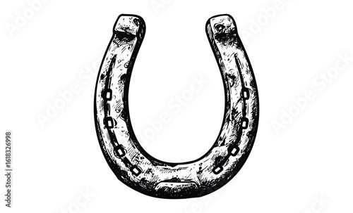 Vintage horseshoe drawing in black and white for good luck symbol. Vector retro hand drawn illustration