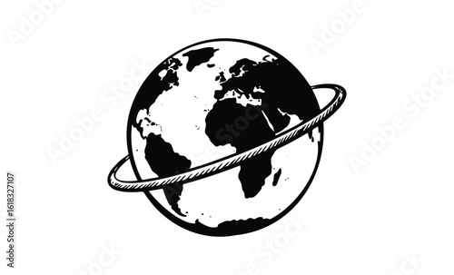 Monochrome earth illustration with ring surrounding the globe in space theme. Vector retro hand drawn illustration