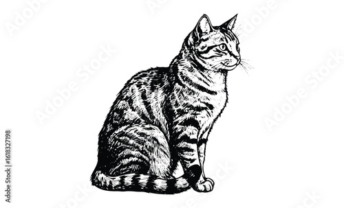 Detailed black and white drawing of a sitting tabby cat with striped fur and alert ears. Vector retro hand drawn illustration