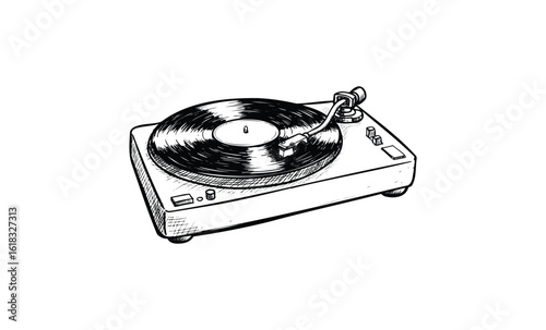 Hand-drawn vintage turntable with vinyl record sketch. Vector retro hand drawn illustration