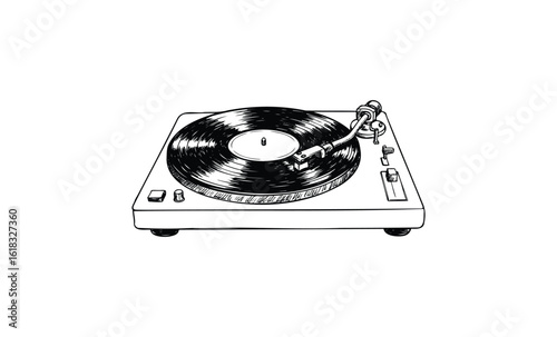 Vintage vinyl record player sketch: classic turntable with spinning record. Vector retro hand drawn illustration