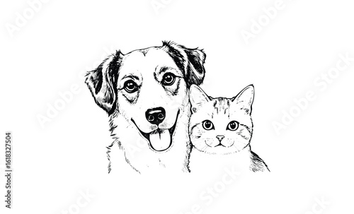 Black and white illustration of happy dog and calm cat together. Vector retro hand drawn illustration