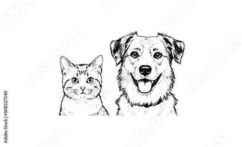 Black and white illustration of cat and dog - detailed animal drawing. Vector retro hand drawn illustration