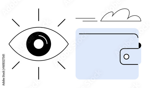 Eye with radiating lines beside a wallet with a cloud signifies insight, finance, saving, budgeting, and expense monitoring. Ideal for finance apps, planning, education, security transparency