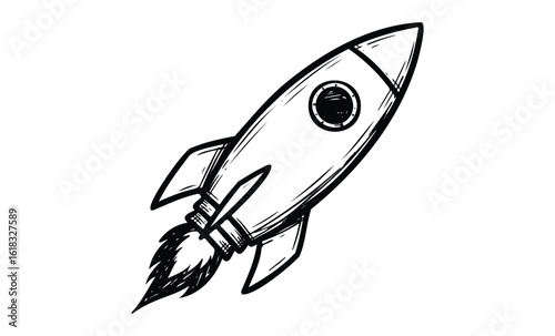 Black and white hand-drawn rocket sketch with flame details. Vector retro hand drawn illustration