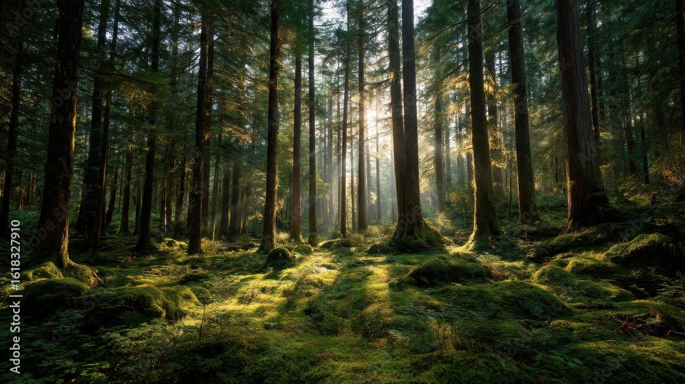 Fototapeta premium Lush Green Forest with Sunlight Rays