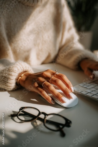 Home office image, work table, elegant woman, home work, aesthetic photography for social media