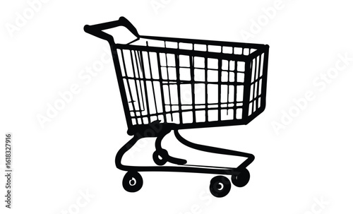 Black and white outline drawing of shopping cart on white background. Vector retro hand drawn illustration