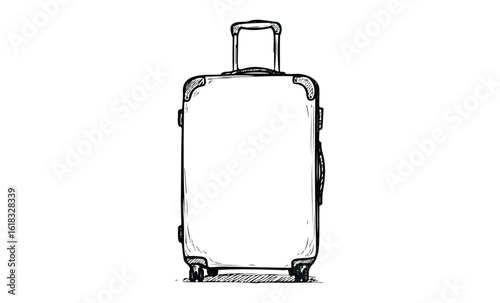 Vintage-style line art of wheeled suitcase with retractable handle. Vector retro hand drawn illustration