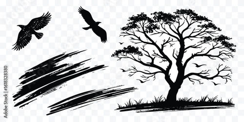 Silhouetted Tree and Birds in Flight Graphic Illustration for Nature and Wildlife Enthusiasts and Creative Design Projects