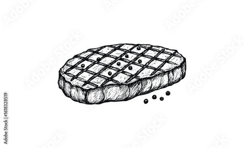Grilled steak sketch with peppercorns - black and white illustration. Vector retro hand drawn illustration