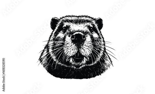 Detailed black and white illustration of a beaver face with intricate fur texture. Vector retro hand drawn illustration