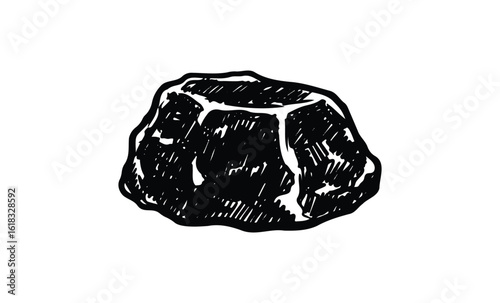 Black and white illustration of a single rock with textured surface. Vector retro hand drawn illustration