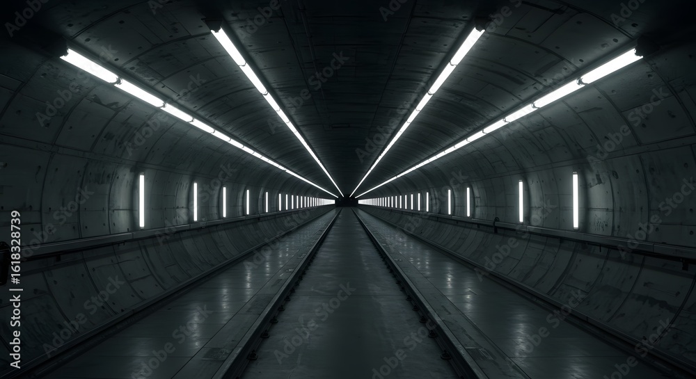 Obraz premium Symmetrical view of a dark tunnel illuminated by bright fluorescent lights, creating a vanishing point perspective.