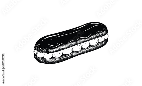 Black and white eclair sketch with cream filling on white background. Vector retro hand drawn illustration
