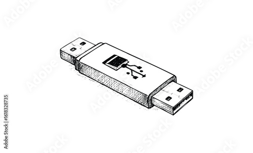 Hand-drawn dual-port usb flash drive illustration with circuit design. Vector retro hand drawn illustration