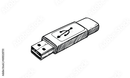 Hand-drawn usb flash drive sketch with detailed line art on white background. Vector retro hand drawn illustration