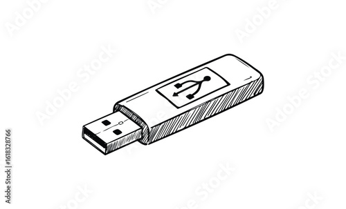 Hand-drawn usb flash drive illustration on white background. Vector retro hand drawn illustration