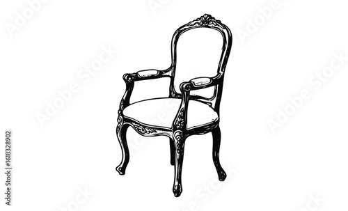 Vintage ornate armchair with elegant carved details on white background. Vector retro hand drawn illustration