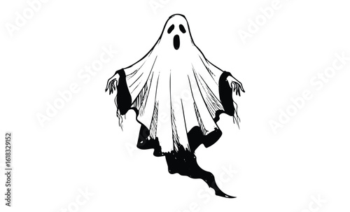 Spooky black and white ghost illustration with flowing sheet and dark background. Vector retro hand drawn illustration