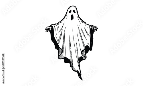 Halloween ghost illustration in classic haunted attire with open mouth and eyes. Vector retro hand drawn illustration