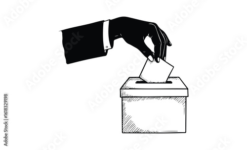 Hand casting vote in ballot box - monochrome illustration of election concept. Vector retro hand drawn illustration