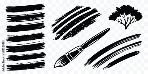 Black ink brush strokes collection with tree art design element on transparent background showcasing diverse artistic techniques and creative possibilities for graphic design projects