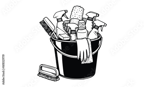 Hand-drawn cleaning supplies in bucket with spray bottles and brushes. Vector retro hand drawn illustration