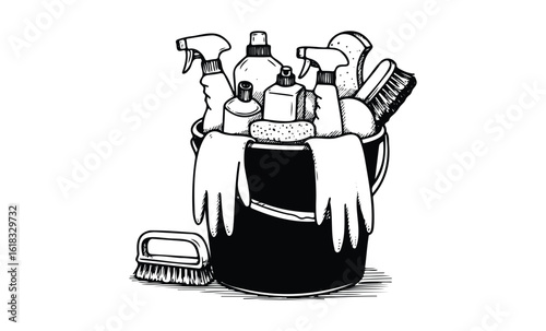 Black and white cleaning supplies illustration with gloves and brushes in a bucket. Vector retro hand drawn illustration