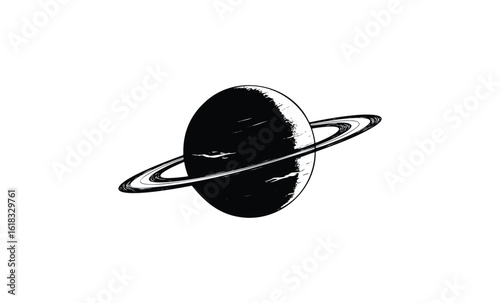 Monochrome planet with rings illustration in black and white. Vector retro hand drawn illustration