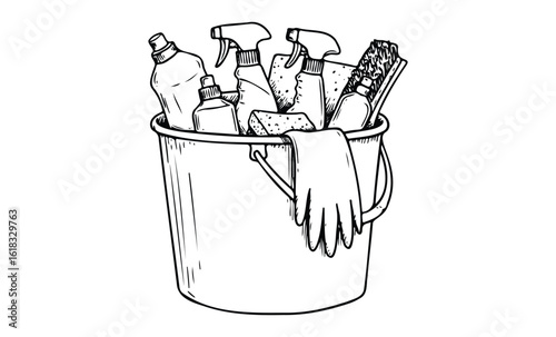 Hand-drawn cleaning supplies in bucket: gloves, sprays, brushes, sponges, bottles. Vector retro hand drawn illustration