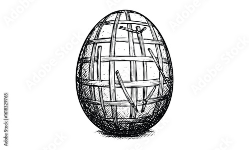 Intricate hand-drawn hatch pattern on an ornate egg in black and white design. Vector retro hand drawn illustration