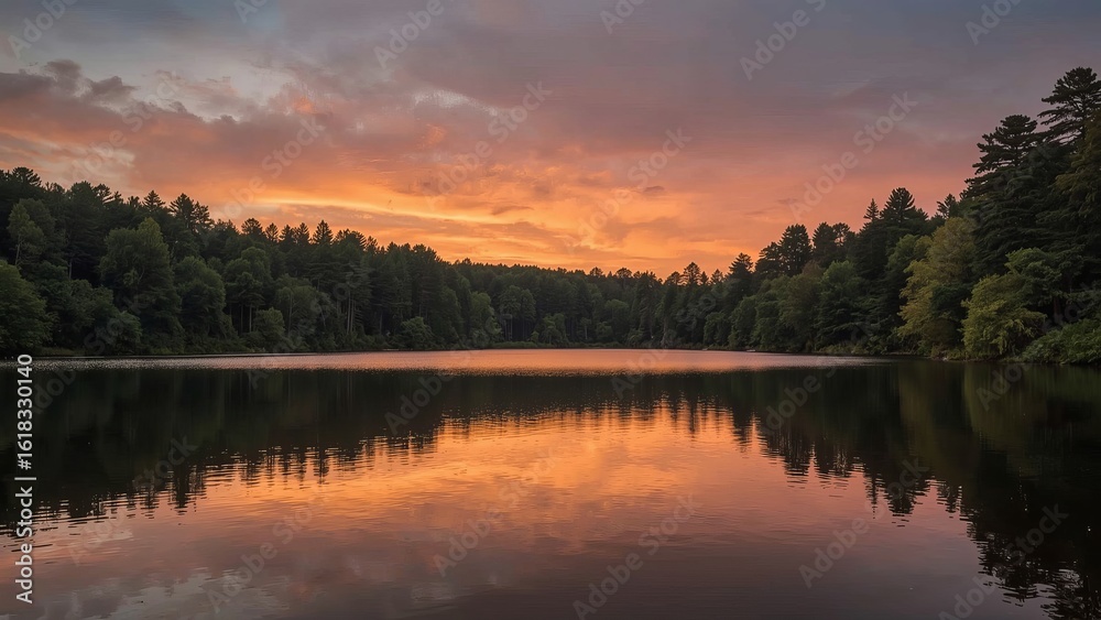 Fototapeta premium A serene sunset over a tranquil lake, reflecting vibrant colors of the sky amidst lush green trees.